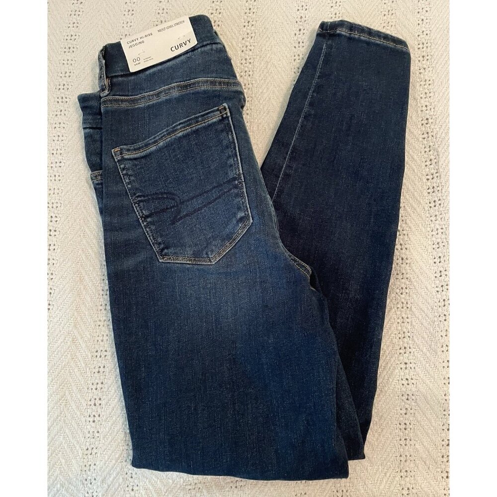 American Eagle Curvy Jeggings 00 Dark Atlantic Blue, Stretch, High Rise, Petite‎